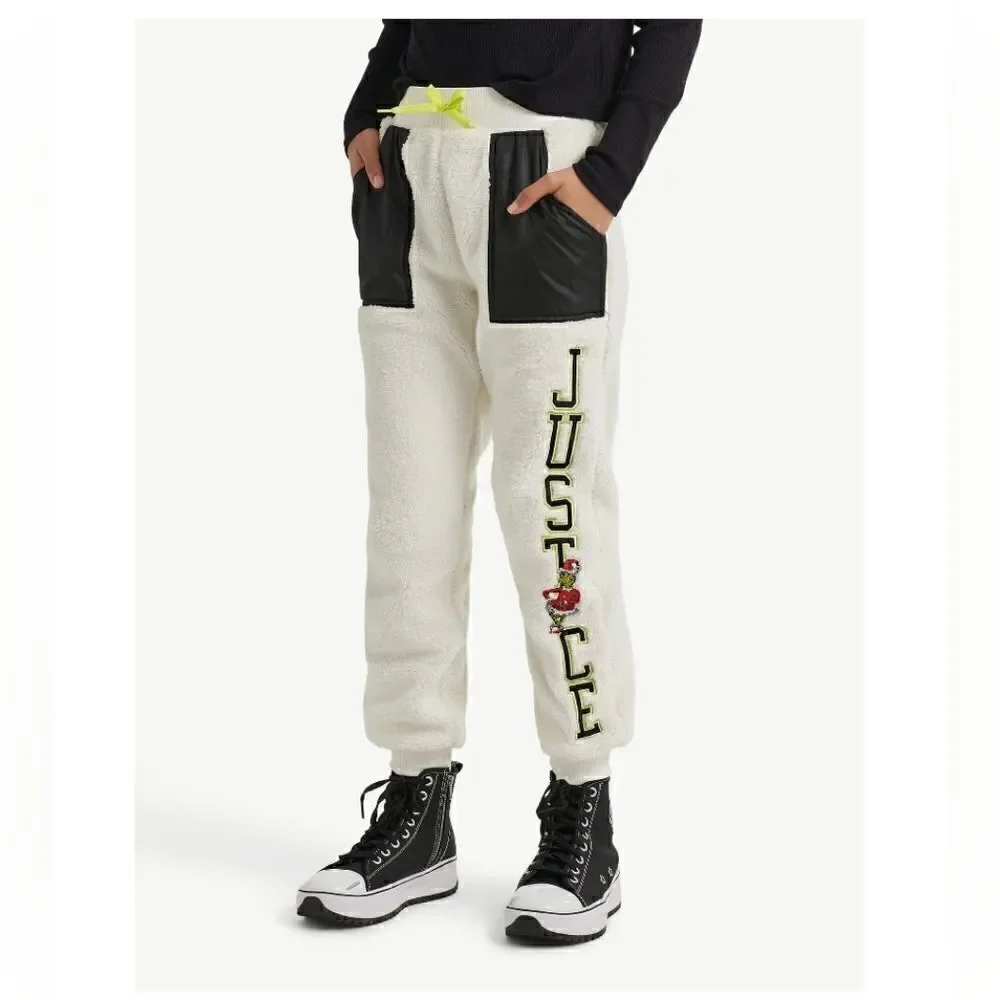 New Girls Justice The Grinch Joggers White Sherpa Christmas
